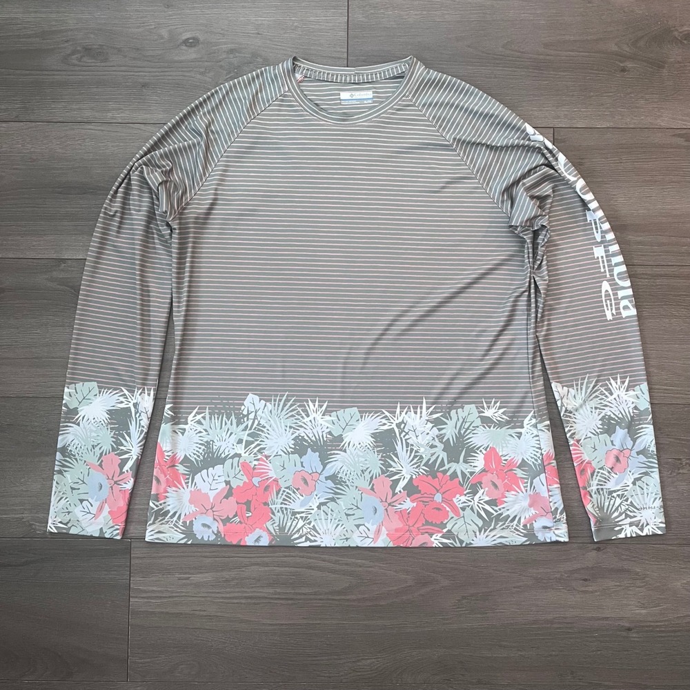 Columbia PFG Long Sleeve Sun Shirt XL Gray Pink Striped Tropical Floral Fishing